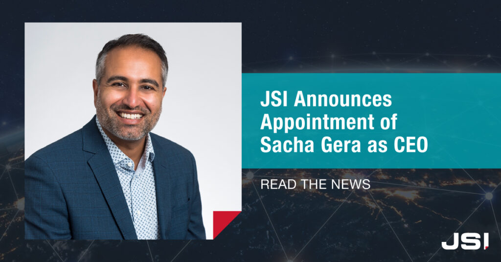 banner image for an article with a head shot and title JSI Announces Appointment of Sacha Gera as CEO, Read the News