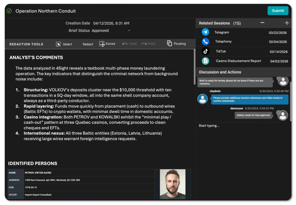 4Sight financial crime investigative data synthesized into briefing application for next steps