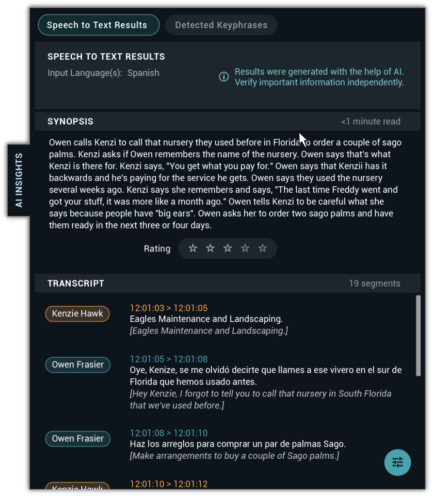 4Sight's AI-powered Language Analytics providing a synopsis of spoken audio with translations